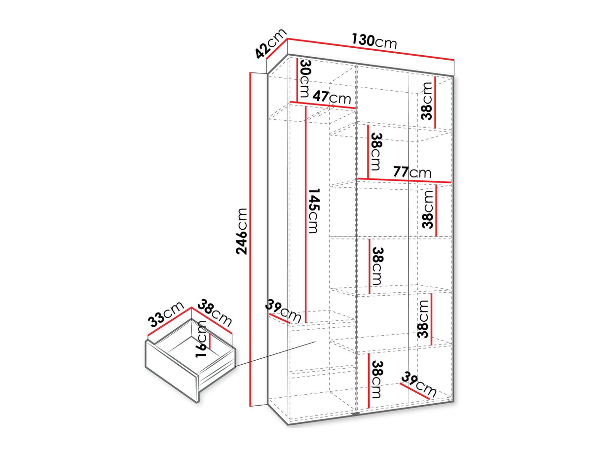 Gardróbszekrény Szafa COMO 1 120/130/140/150/160 (gł.42/52), Szín: Fehér, Fogantyú színe: Fekete, Fiókok: Igen, Szélesség: 130 cm, Mélység: 42 cm