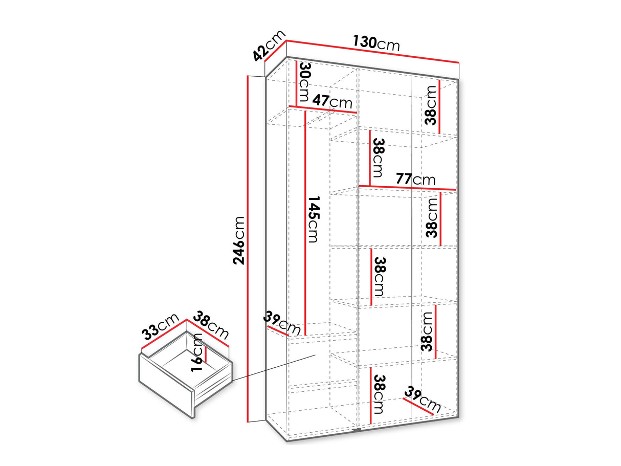 Gardróbszekrény Szafa COMO 1 120/130/140/150/160 (gł.42/52), Szín: Fehér, Fogantyú színe: Aranysárga, Fiókok: Igen, Szélesség: 130 cm, Mélység: 42 cm