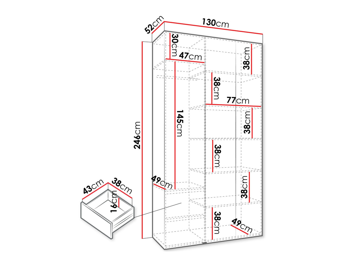 Gardróbszekrény Szafa COMO 1 120/130/140/150/160 (gł.42/52), Szín: Fehér, Fogantyú színe: Aranysárga, Fiókok: Igen, Szélesség: 130 cm, Mélység: 52 cm