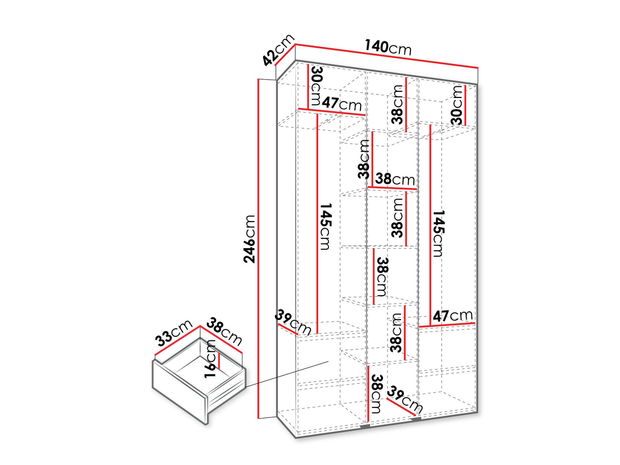 Gardróbszekrény Szafa COMO 1 120/130/140/150/160 (gł.42/52), Szín: Fehér, Fogantyú színe: Aranysárga, Fiókok: Igen, Szélesség: 140 cm, Mélység: 42 cm