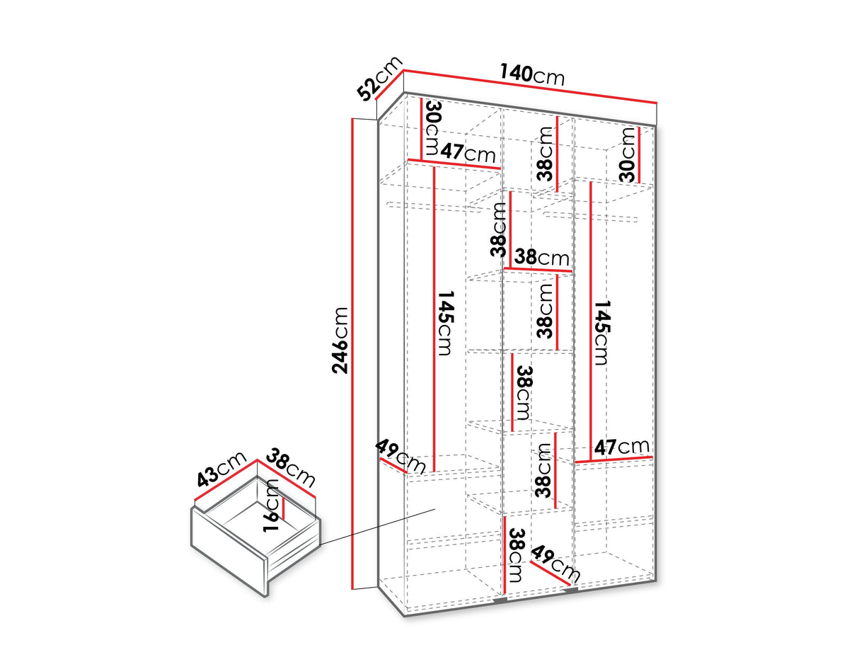 Gardróbszekrény Szafa COMO 1 120/130/140/150/160 (gł.42/52), Szín: Fehér, Fogantyú színe: Aranysárga, Fiókok: Igen, Szélesség: 140 cm, Mélység: 52 cm