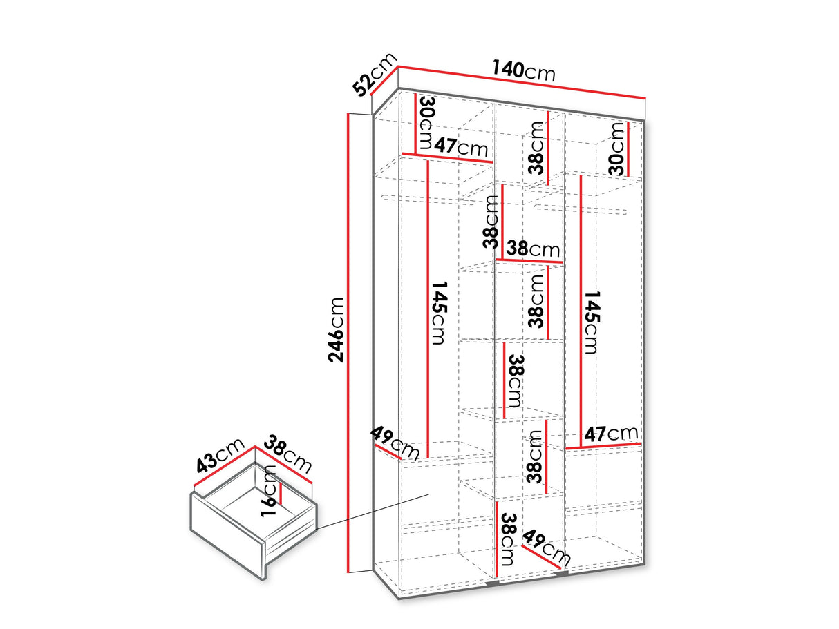 Gardróbszekrény Szafa COMO 1 120/130/140/150/160 (gł.42/52), Szín: Kasmír, Fogantyú színe: Aranysárga, Fiókok: Igen, Szélesség: 140 cm, Mélység: 52 cm
