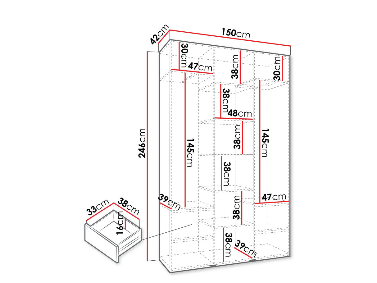 Gardróbszekrény Szafa COMO 1 120/130/140/150/160 (gł.42/52), Szín: Fehér, Fogantyú színe: Fekete, Fiókok: Igen, Szélesség: 150 cm, Mélység: 42 cm