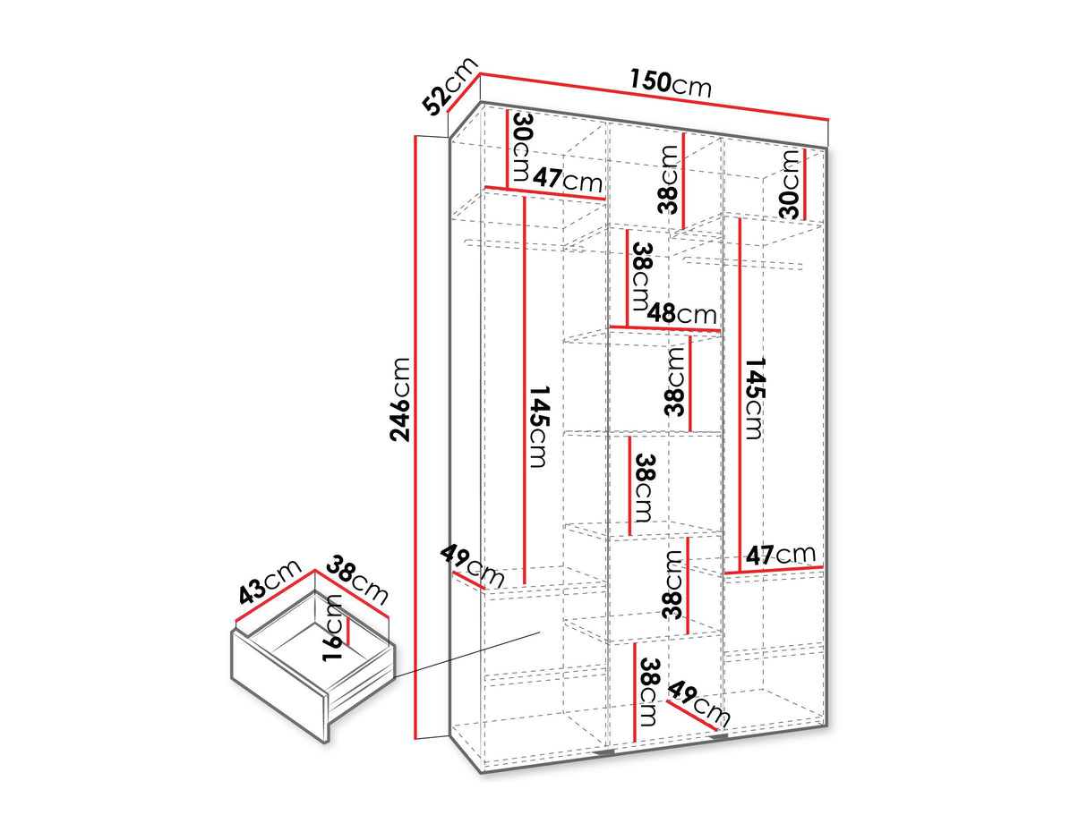 Gardróbszekrény Szafa COMO 1 120/130/140/150/160 (gł.42/52), Szín: Fehér, Fogantyú színe: Fekete, Fiókok: Igen, Szélesség: 150 cm, Mélység: 52 cm