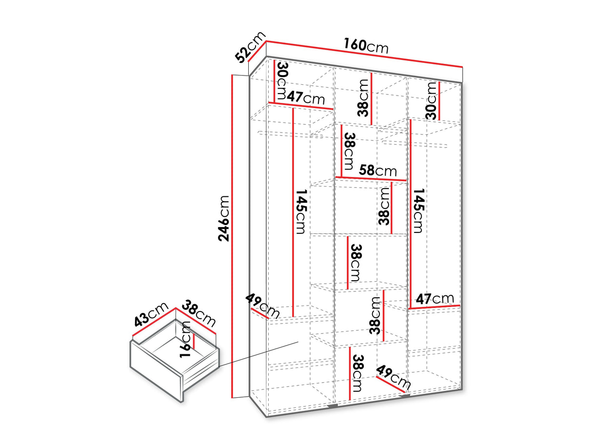 Gardróbszekrény Szafa COMO 1 120/130/140/150/160 (gł.42/52), Szín: Fehér, Fogantyú színe: Fekete, Fiókok: Igen, Szélesség: 160 cm, Mélység: 52 cm