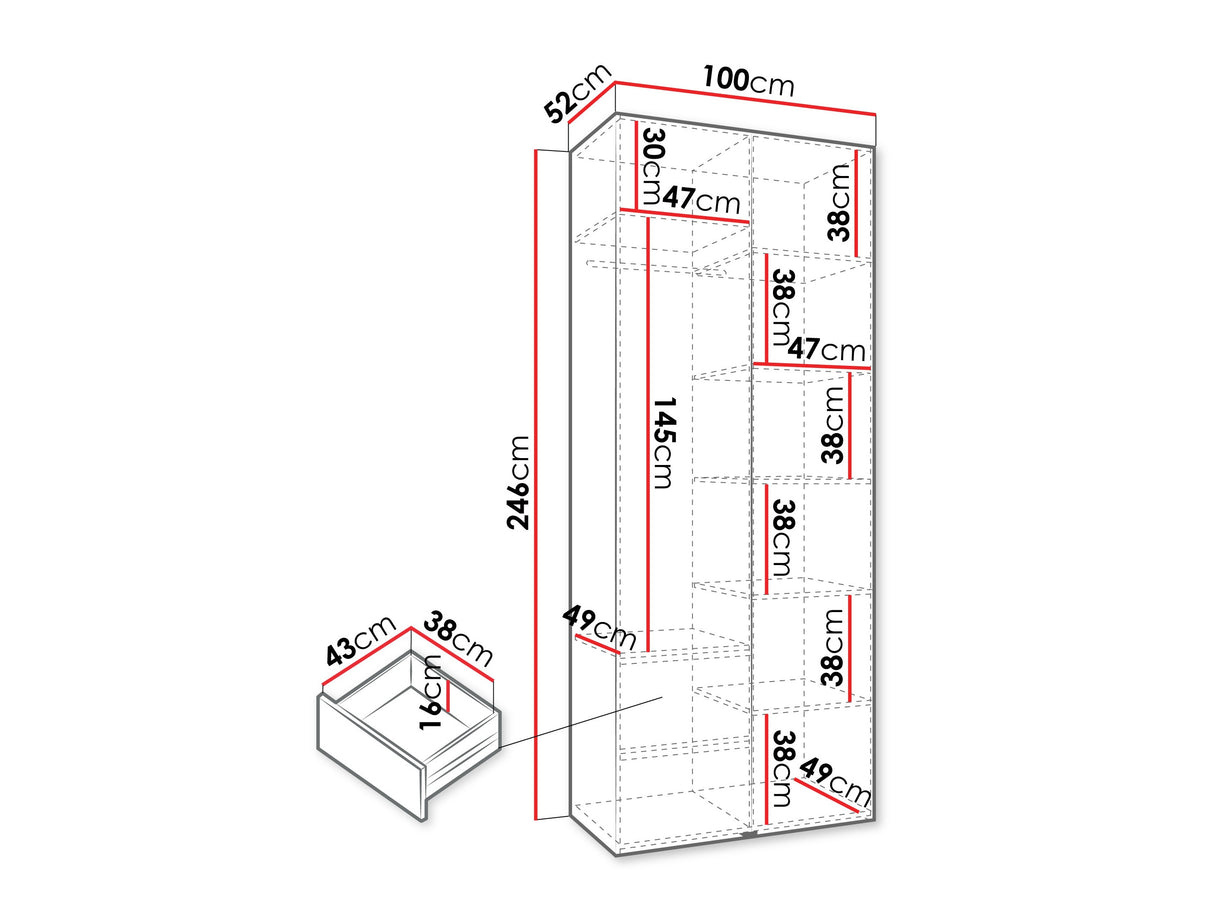 Gardróbszekrény Szafa COMO 2 100 (gł.40), Szín: Fehér, Fogantyú színe: Fekete, Fiókok: Igen, Szélesség: 100 cm, Mélység: 52 cm