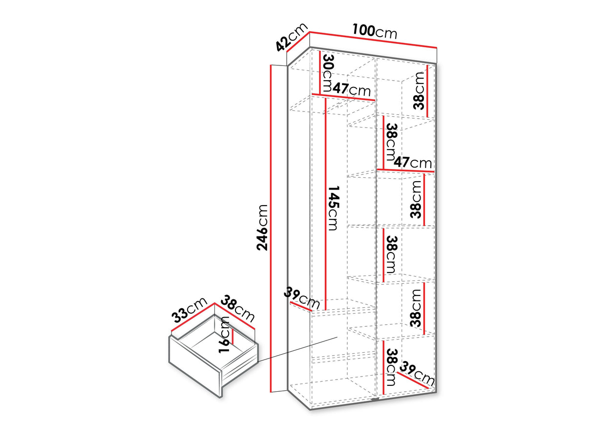Gardróbszekrény Szafa COMO 2 100 (gł.40), Szín: Fehér, Fogantyú színe: Aranysárga, Fiókok: Igen, Szélesség: 100 cm, Mélység: 42 cm