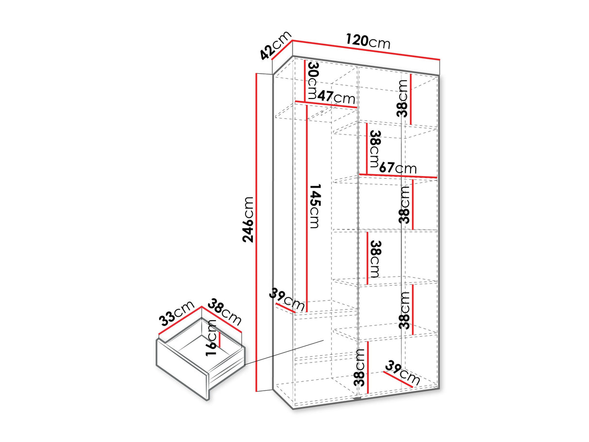 Gardróbszekrény Szafa COMO 2 120/130/140/150/160 (gł.40/50), Szín: Fehér, Fogantyú színe: Fekete, Fiókok: Igen, Szélesség: 120 cm, Mélység: 42 cm