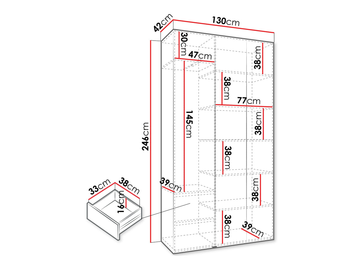 Gardróbszekrény Szafa COMO 2 120/130/140/150/160 (gł.40/50), Szín: Fehér, Fogantyú színe: Fekete, Fiókok: Igen, Szélesség: 130 cm, Mélység: 42 cm