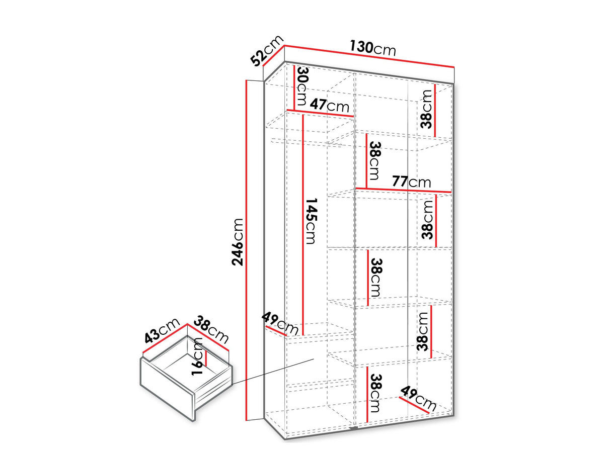Gardróbszekrény Szafa COMO 2 120/130/140/150/160 (gł.40/50), Szín: Fehér, Fogantyú színe: Fekete, Fiókok: Igen, Szélesség: 130 cm, Mélység: 52 cm
