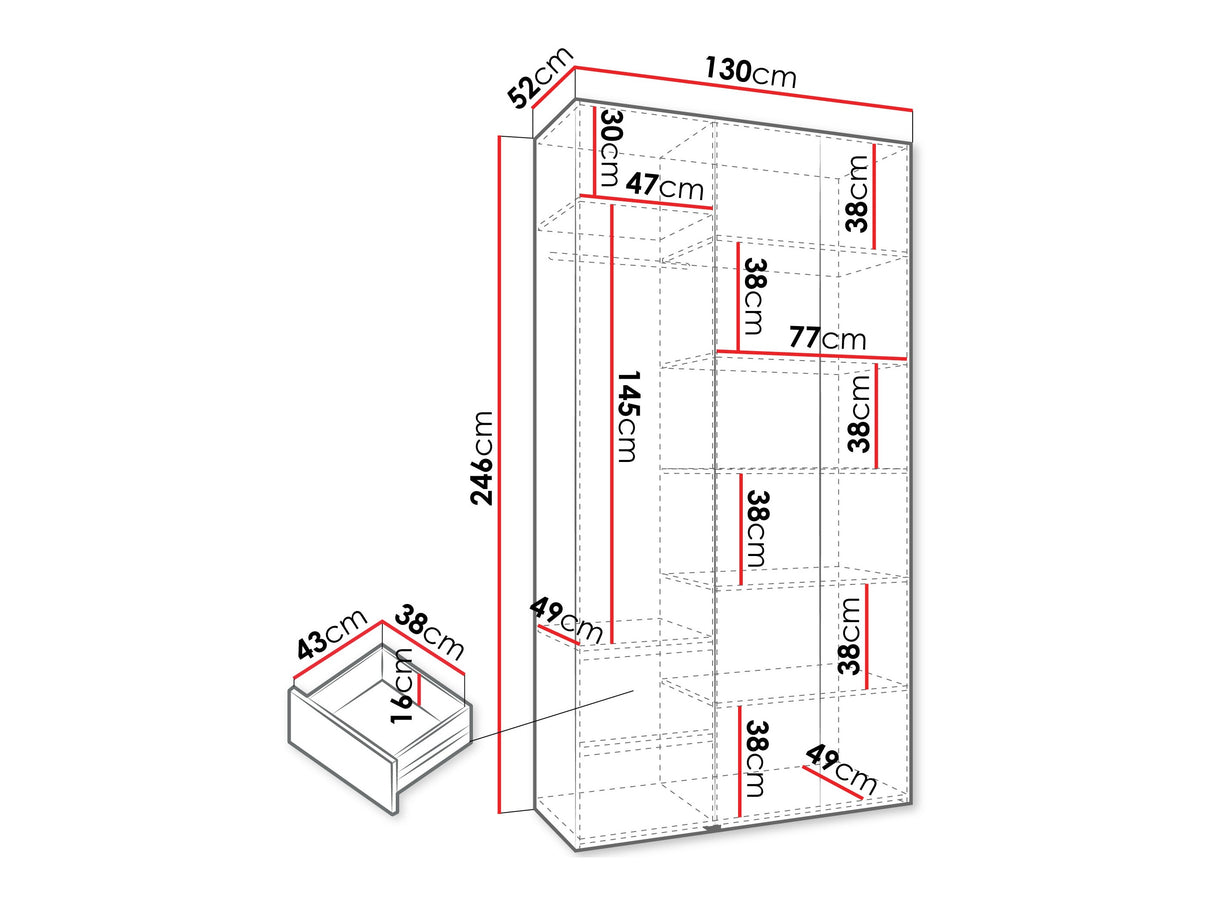 Gardróbszekrény Szafa COMO 2 120/130/140/150/160 (gł.40/50), Szín: Fehér, Fogantyú színe: Aranysárga, Fiókok: Igen, Szélesség: 130 cm, Mélység: 52 cm