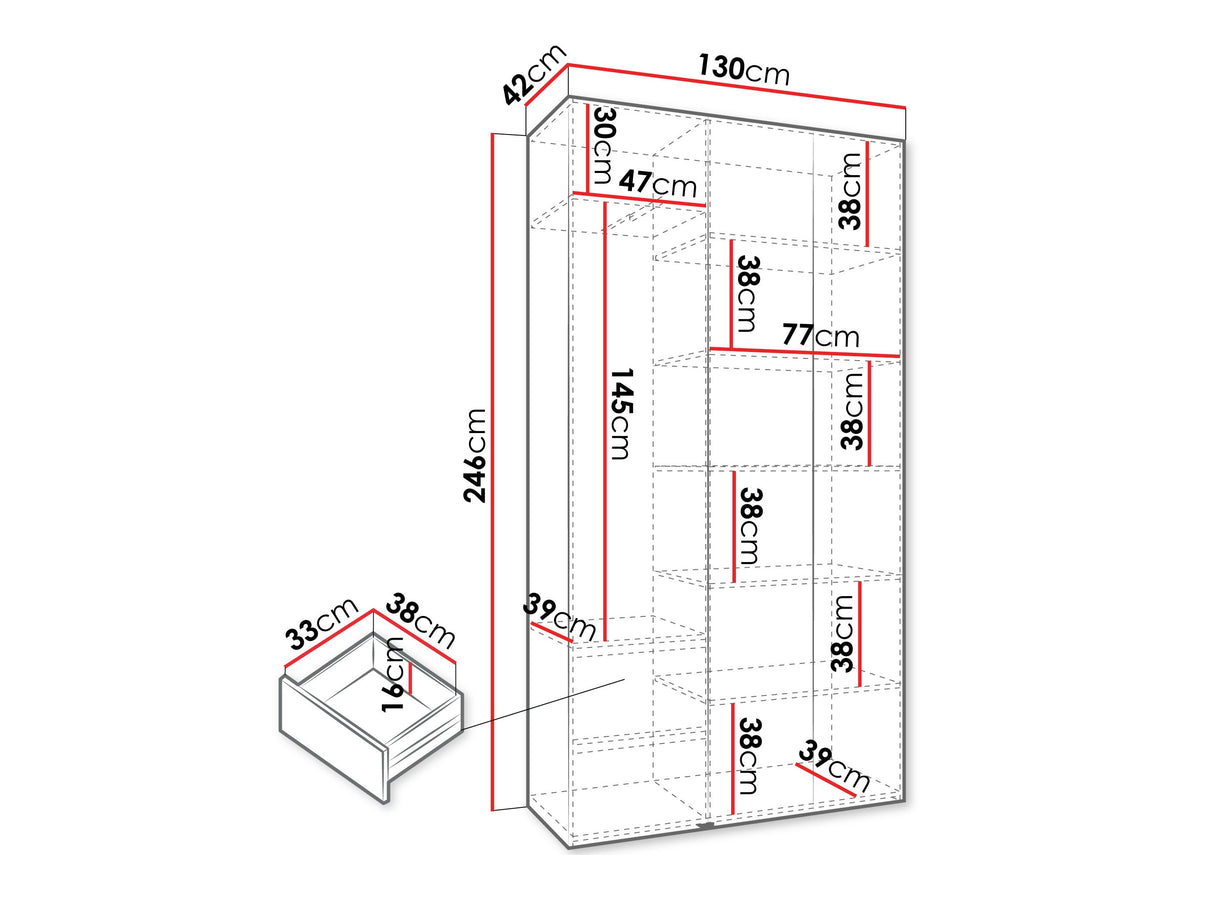 Gardróbszekrény Szafa COMO 2 120/130/140/150/160 (gł.40/50), Szín: Kasmír, Fogantyú színe: Aranysárga, Fiókok: Igen, Szélesség: 130 cm, Mélység: 42 cm