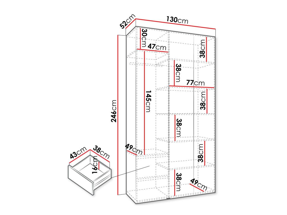 Gardróbszekrény Szafa COMO 2 120/130/140/150/160 (gł.40/50), Szín: Kasmír, Fogantyú színe: Aranysárga, Fiókok: Igen, Szélesség: 130 cm, Mélység: 52 cm