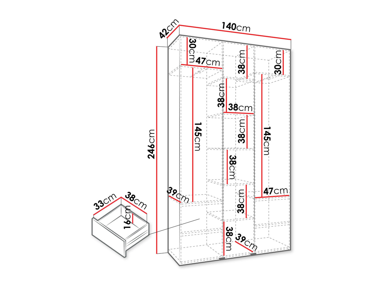Gardróbszekrény Szafa COMO 2 120/130/140/150/160 (gł.40/50), Szín: Fehér, Fogantyú színe: Aranysárga, Fiókok: Igen, Szélesség: 140 cm, Mélység: 42 cm