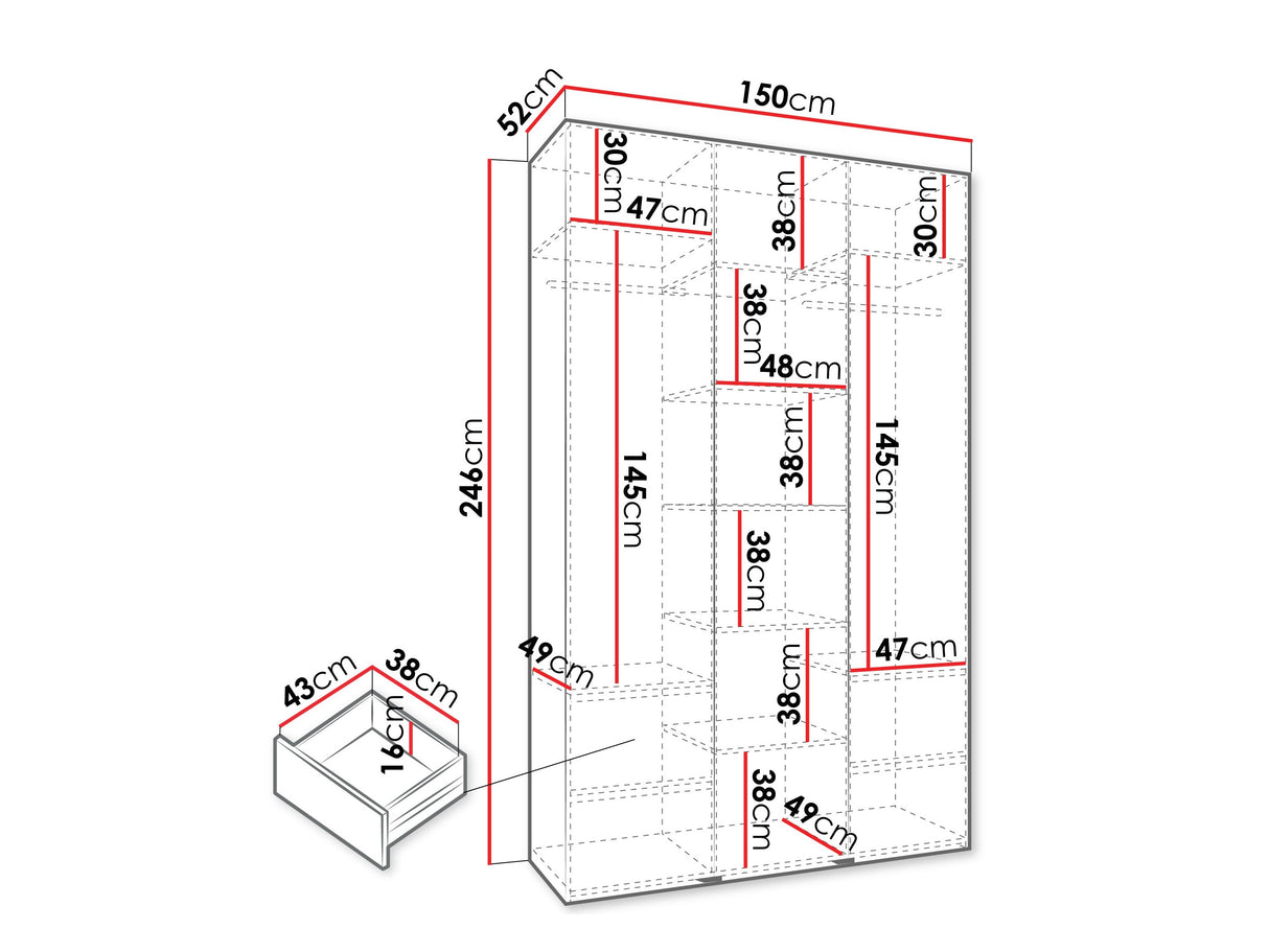 Gardróbszekrény Szafa COMO 2 120/130/140/150/160 (gł.40/50), Szín: Fehér, Fogantyú színe: Fekete, Fiókok: Igen, Szélesség: 150 cm, Mélység: 52 cm