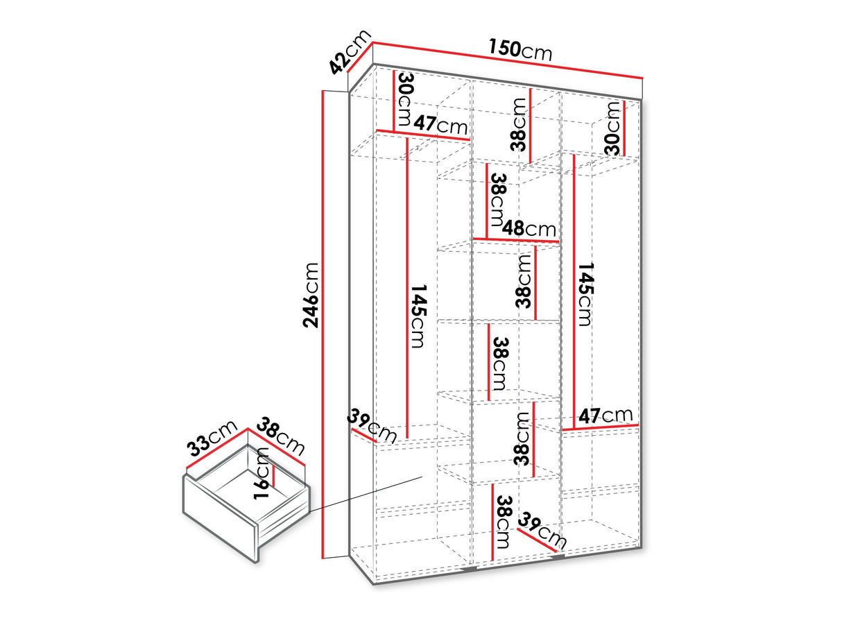 Gardróbszekrény Szafa COMO 2 120/130/140/150/160 (gł.40/50), Szín: Kasmír, Fogantyú színe: Fekete, Fiókok: Igen, Szélesség: 150 cm, Mélység: 42 cm