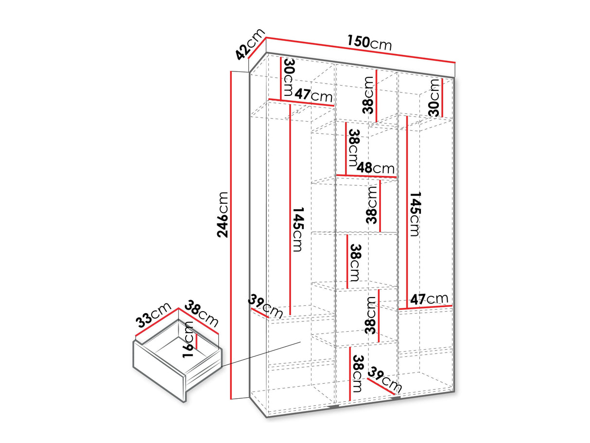 Gardróbszekrény Szafa COMO 2 120/130/140/150/160 (gł.40/50), Szín: Kasmír, Fogantyú színe: Aranysárga, Fiókok: Igen, Szélesség: 150 cm, Mélység: 42 cm