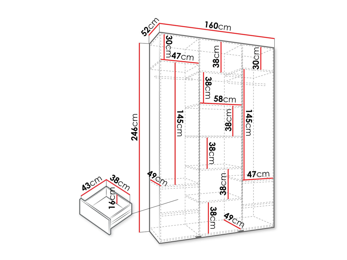 Gardróbszekrény Szafa COMO 2 120/130/140/150/160 (gł.40/50), Szín: Fehér, Fogantyú színe: Fekete, Fiókok: Igen, Szélesség: 160 cm, Mélység: 52 cm