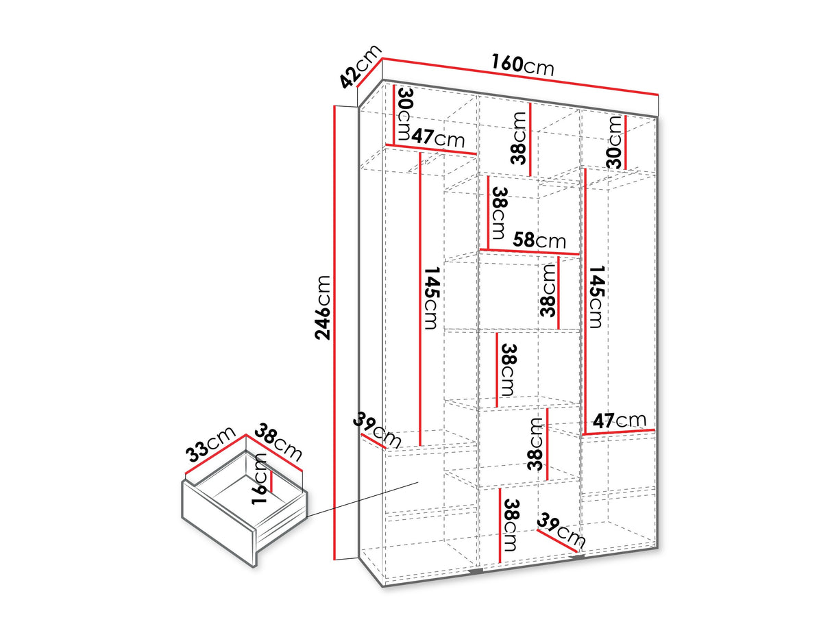 Gardróbszekrény Szafa COMO 2 120/130/140/150/160 (gł.40/50), Szín: Fehér, Fogantyú színe: Aranysárga, Fiókok: Igen, Szélesség: 160 cm, Mélység: 42 cm