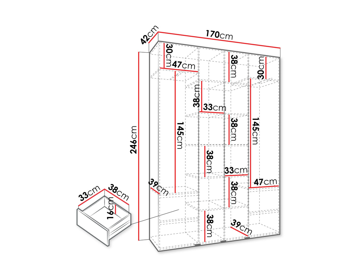 Gardróbszekrény Szafa COMO 2 170/180/190/200 (gł.40/50), Szín: Fehér, Fogantyú színe: Aranysárga, Fiókok: Igen, Szélesség: 170 cm, Mélység: 42 cm