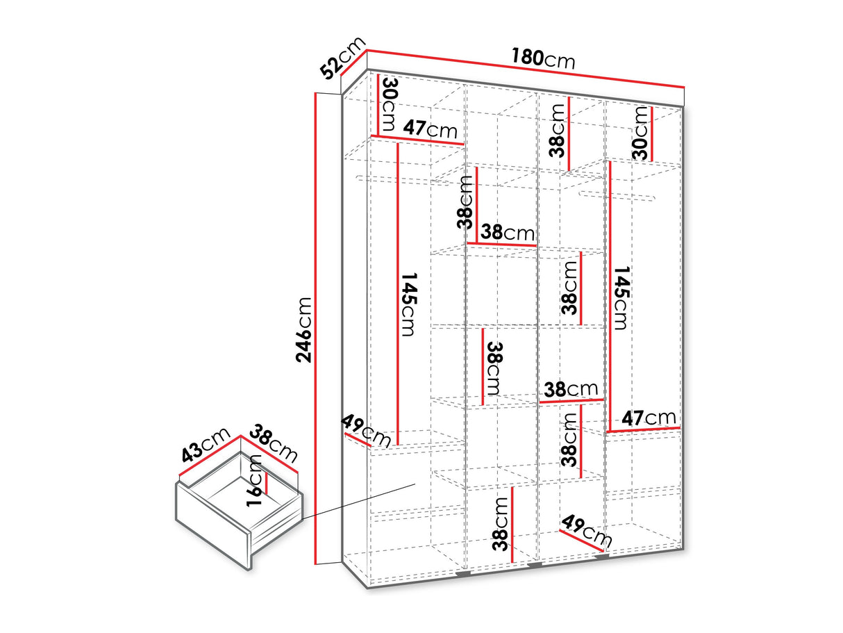 Gardróbszekrény Szafa COMO 2 170/180/190/200 (gł.40/50), Szín: Fehér, Fogantyú színe: Fekete, Fiókok: Igen, Szélesség: 180 cm, Mélység: 52 cm