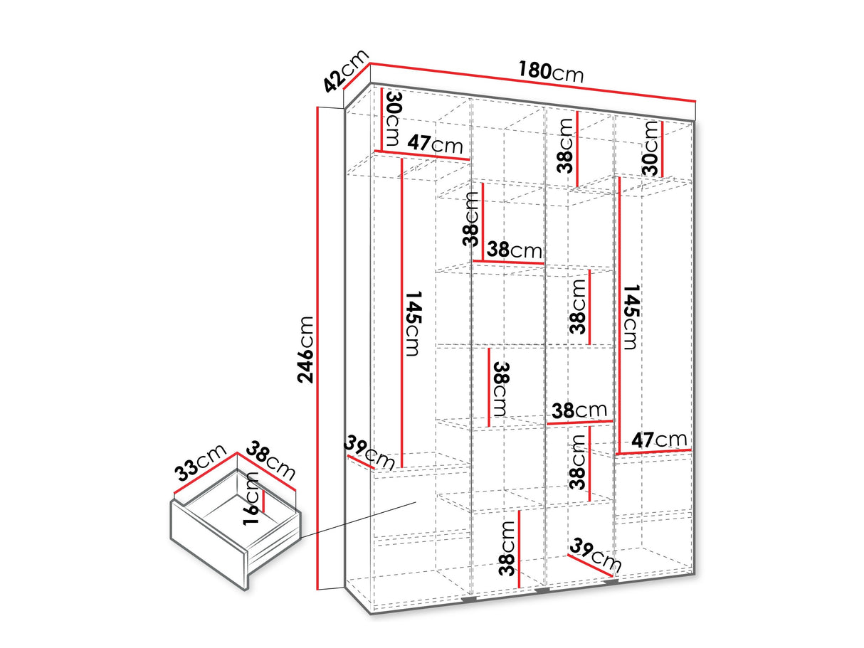 Gardróbszekrény Szafa COMO 2 170/180/190/200 (gł.40/50), Szín: Fehér, Fogantyú színe: Aranysárga, Fiókok: Igen, Szélesség: 180 cm, Mélység: 42 cm