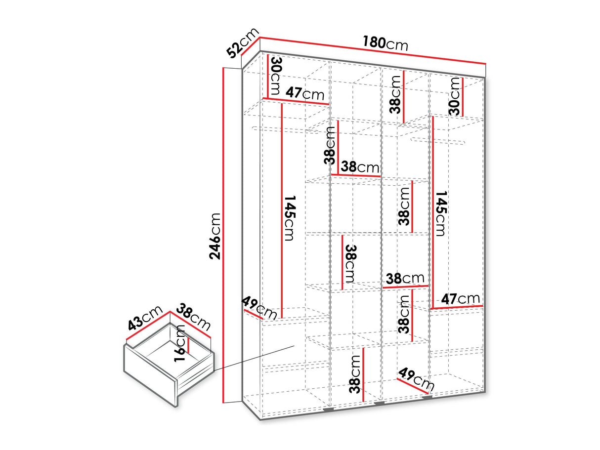 Gardróbszekrény Szafa COMO 2 170/180/190/200 (gł.40/50), Szín: Fehér, Fogantyú színe: Aranysárga, Fiókok: Igen, Szélesség: 180 cm, Mélység: 52 cm