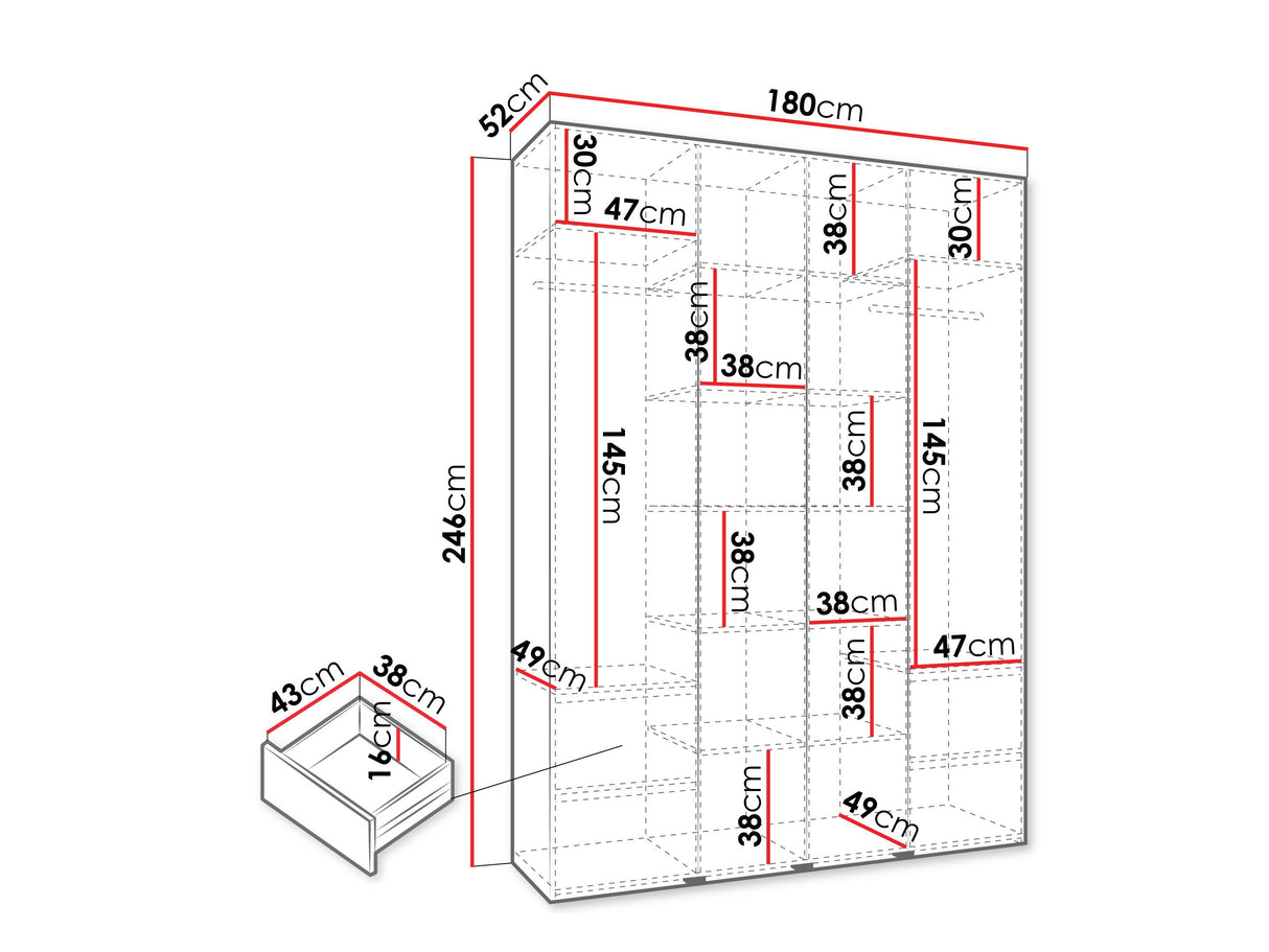 Gardróbszekrény Szafa COMO 2 170/180/190/200 (gł.40/50), Szín: Kasmír, Fogantyú színe: Fekete, Fiókok: Igen, Szélesség: 180 cm, Mélység: 52 cm