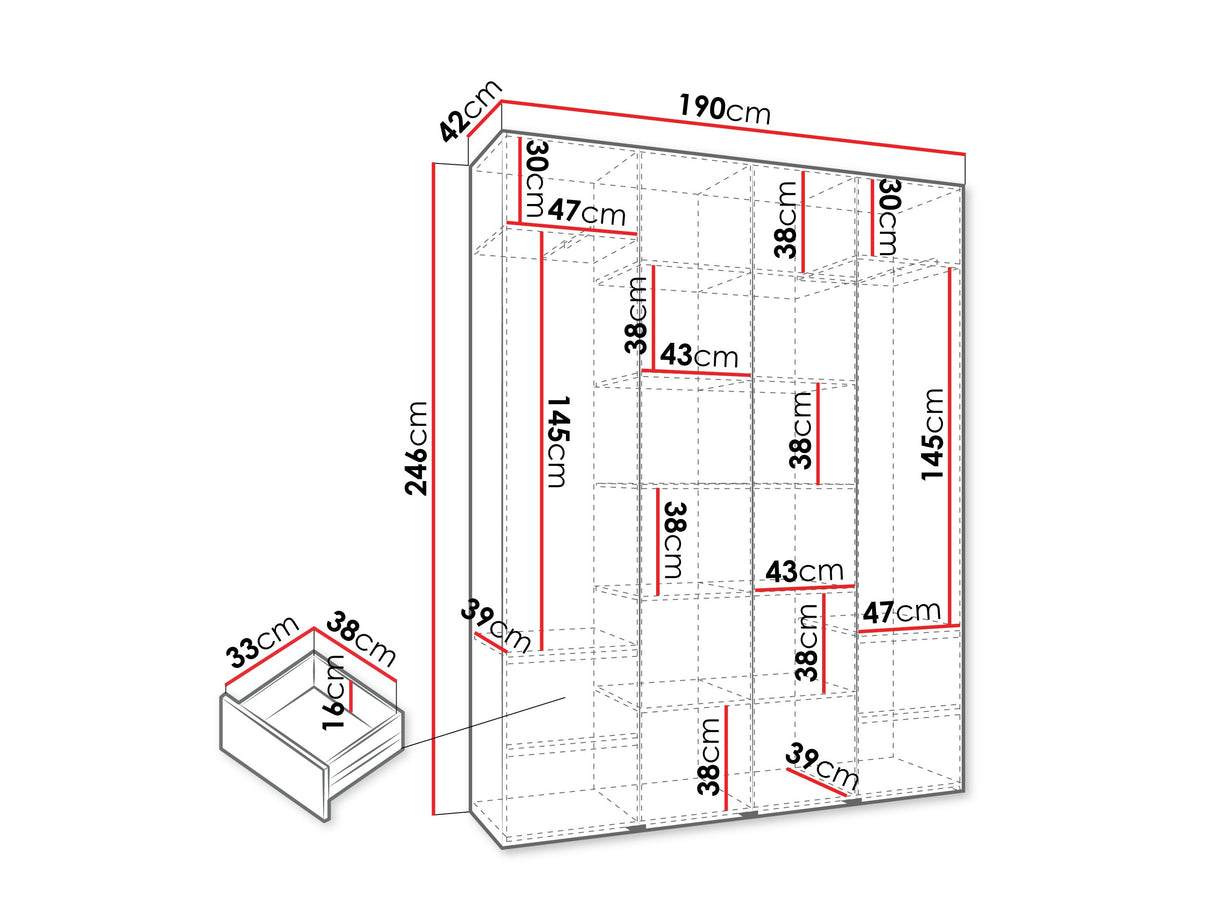 Gardróbszekrény Szafa COMO 2 170/180/190/200 (gł.40/50), Szín: Fehér, Fogantyú színe: Fekete, Fiókok: Igen, Szélesség: 190 cm, Mélység: 42 cm