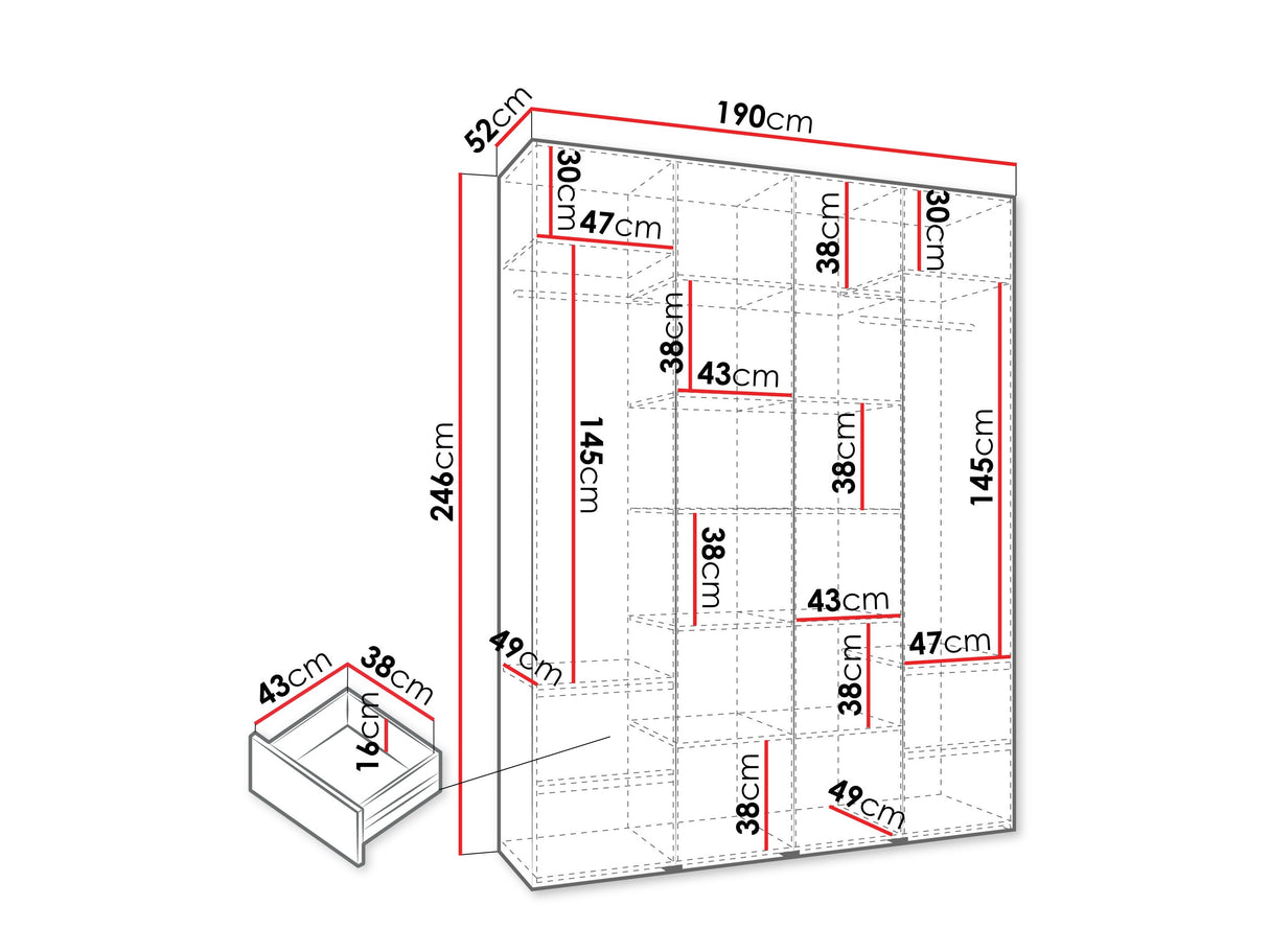 Gardróbszekrény Szafa COMO 2 170/180/190/200 (gł.40/50), Szín: Fehér, Fogantyú színe: Fekete, Fiókok: Igen, Szélesség: 190 cm, Mélység: 52 cm