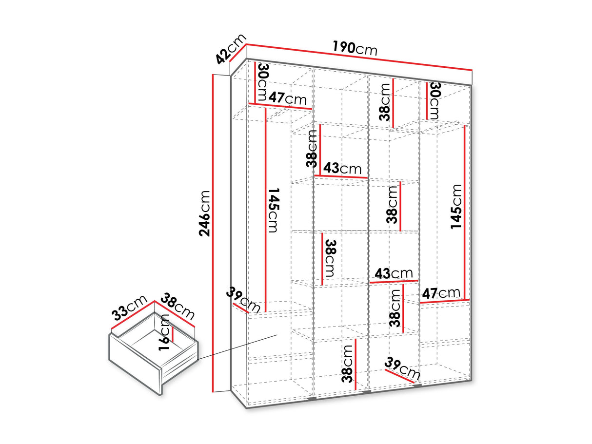 Gardróbszekrény Szafa COMO 2 170/180/190/200 (gł.40/50), Szín: Fehér, Fogantyú színe: Aranysárga, Fiókok: Igen, Szélesség: 190 cm, Mélység: 42 cm