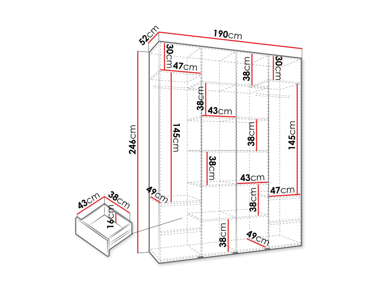 Gardróbszekrény Szafa COMO 2 170/180/190/200 (gł.40/50), Szín: Fehér, Fogantyú színe: Aranysárga, Fiókok: Igen, Szélesség: 190 cm, Mélység: 52 cm