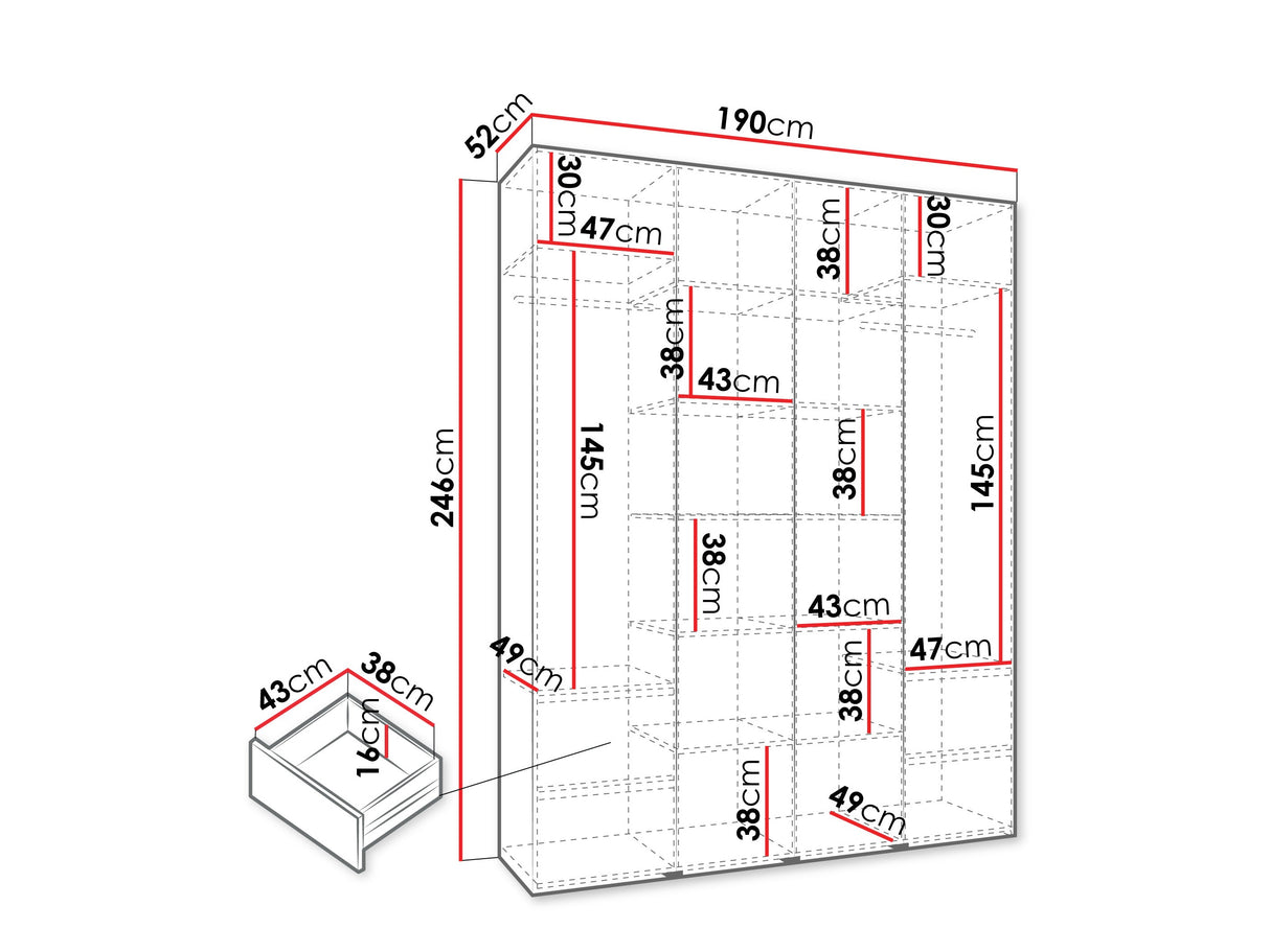 Gardróbszekrény Szafa COMO 2 170/180/190/200 (gł.40/50), Szín: Kasmír, Fogantyú színe: Fekete, Fiókok: Igen, Szélesség: 190 cm, Mélység: 52 cm