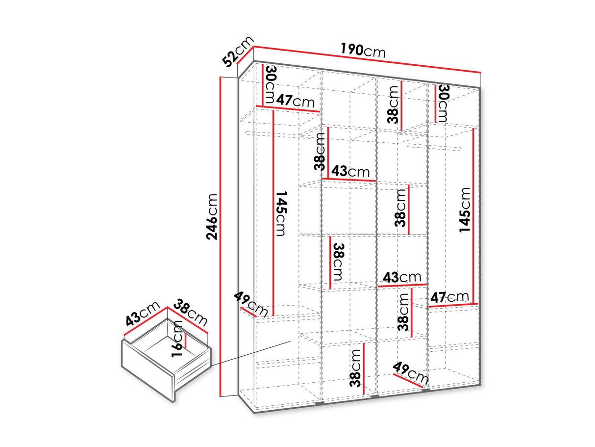 Gardróbszekrény Szafa COMO 2 170/180/190/200 (gł.40/50), Szín: Kasmír, Fogantyú színe: Aranysárga, Fiókok: Igen, Szélesség: 190 cm, Mélység: 52 cm