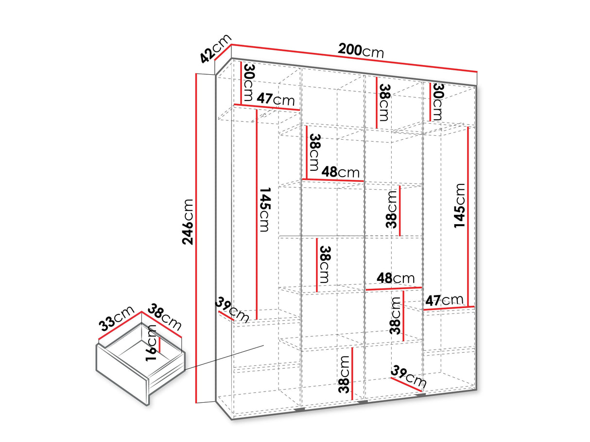 Gardróbszekrény Szafa COMO 2 170/180/190/200 (gł.40/50), Szín: Fehér, Fogantyú színe: Fekete, Fiókok: Igen, Szélesség: 200 cm, Mélység: 42 cm