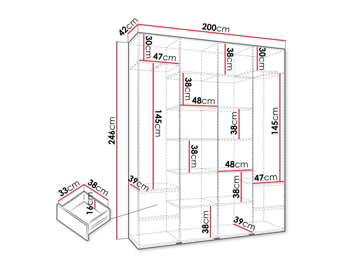 Gardróbszekrény Szafa COMO 2 170/180/190/200 (gł.40/50), Szín: Fehér, Fogantyú színe: Aranysárga, Fiókok: Igen, Szélesség: 200 cm, Mélység: 42 cm
