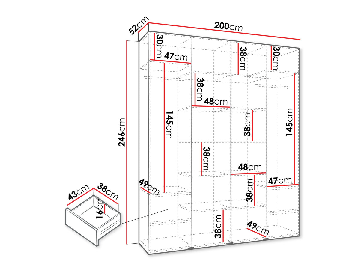 Gardróbszekrény Szafa COMO 2 170/180/190/200 (gł.40/50), Szín: Kasmír, Fogantyú színe: Fekete, Fiókok: Igen, Szélesség: 200 cm, Mélység: 52 cm