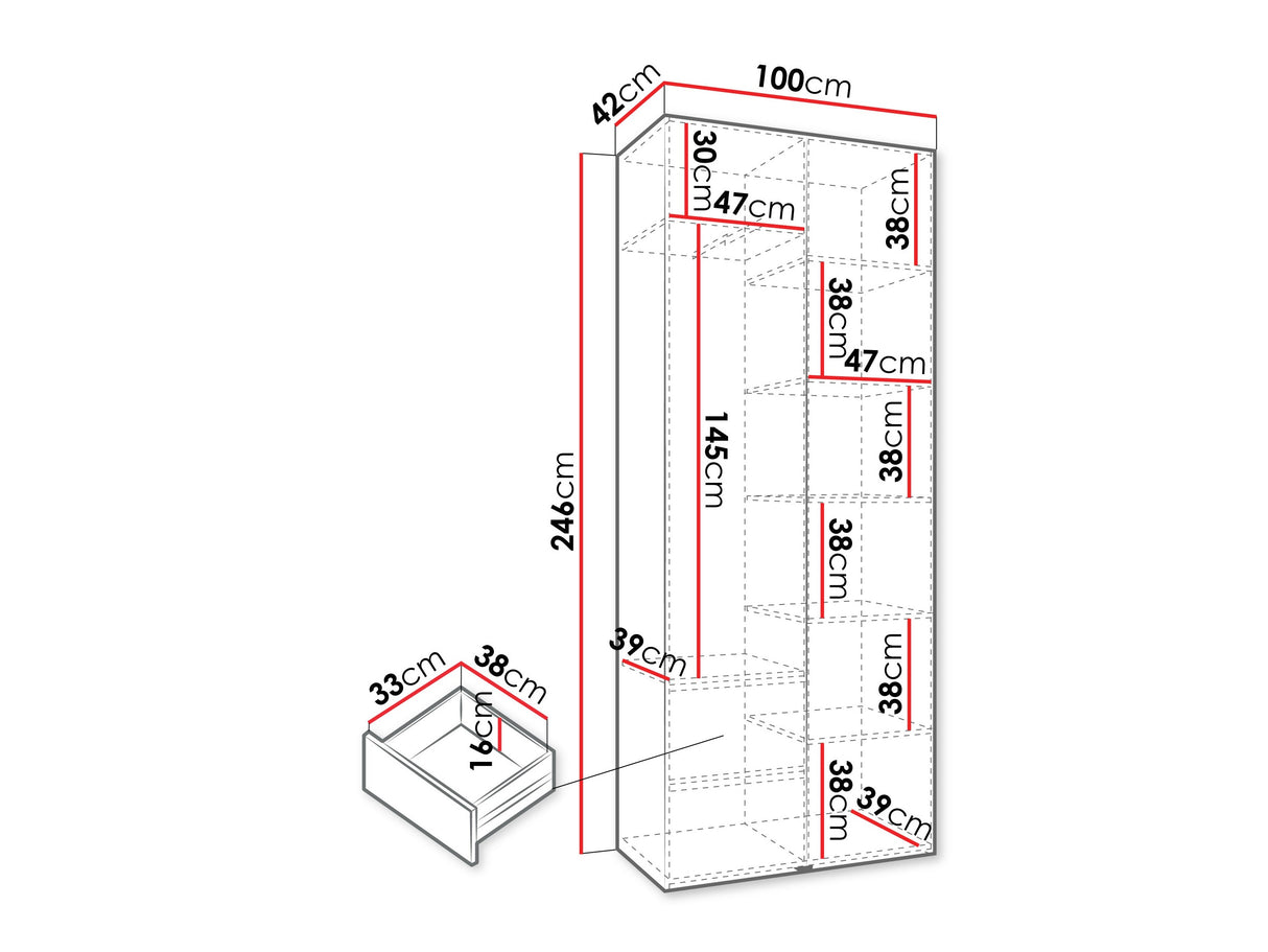 Gardróbszekrény Szafa COMO 3 100/110 (gł.40/50), Szín: Fehér, Fogantyú színe: Fekete, Fiókok: Igen, Szélesség: 100 cm, Mélység: 42 cm