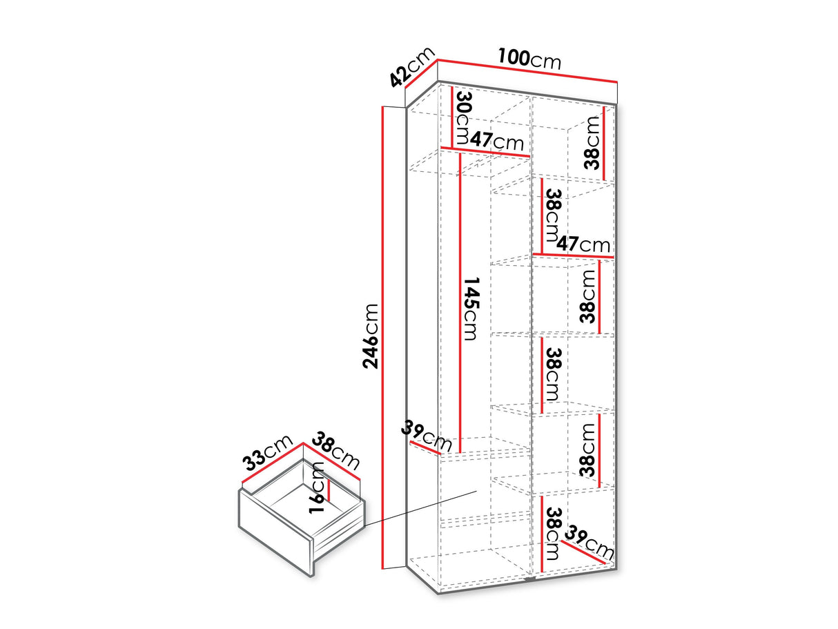 Gardróbszekrény Szafa COMO 3 100/110 (gł.40/50), Szín: Fehér, Fogantyú színe: Aranysárga, Fiókok: Igen, Szélesség: 100 cm, Mélység: 42 cm