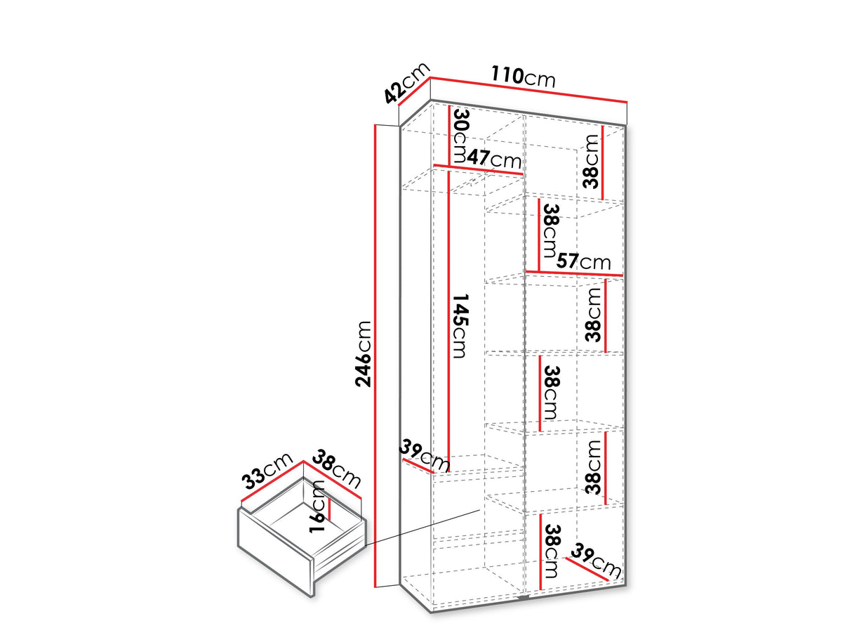 Gardróbszekrény Szafa COMO 3 100/110 (gł.40/50), Szín: Fehér, Fogantyú színe: Fekete, Fiókok: Igen, Szélesség: 110 cm, Mélység: 42 cm