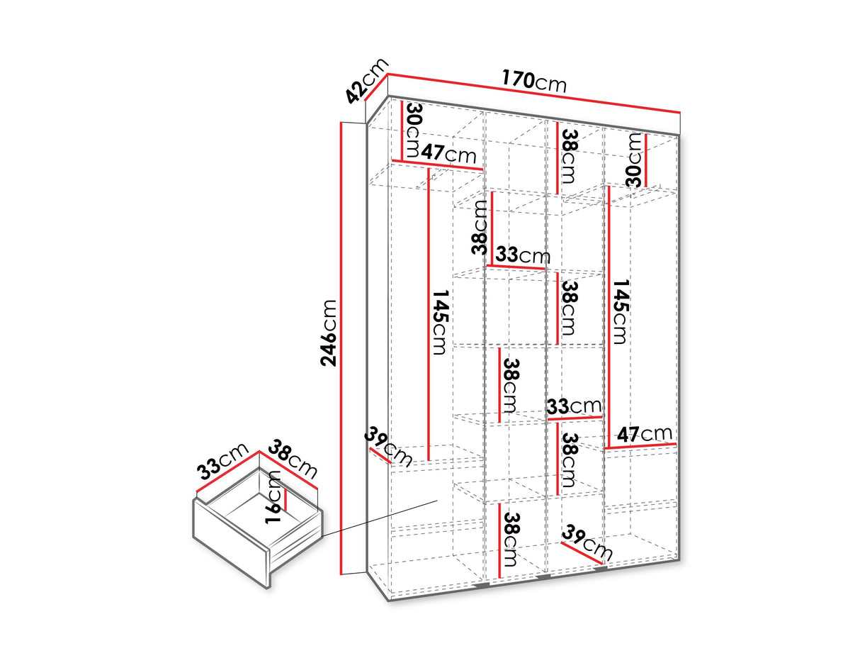 Gardróbszekrény Szafa COMO 3 170/180/190/200 (gł.40/50), Szín: Fehér, Fogantyú színe: Fekete, Fiókok: Igen, Szélesség: 170 cm, Mélység: 42 cm