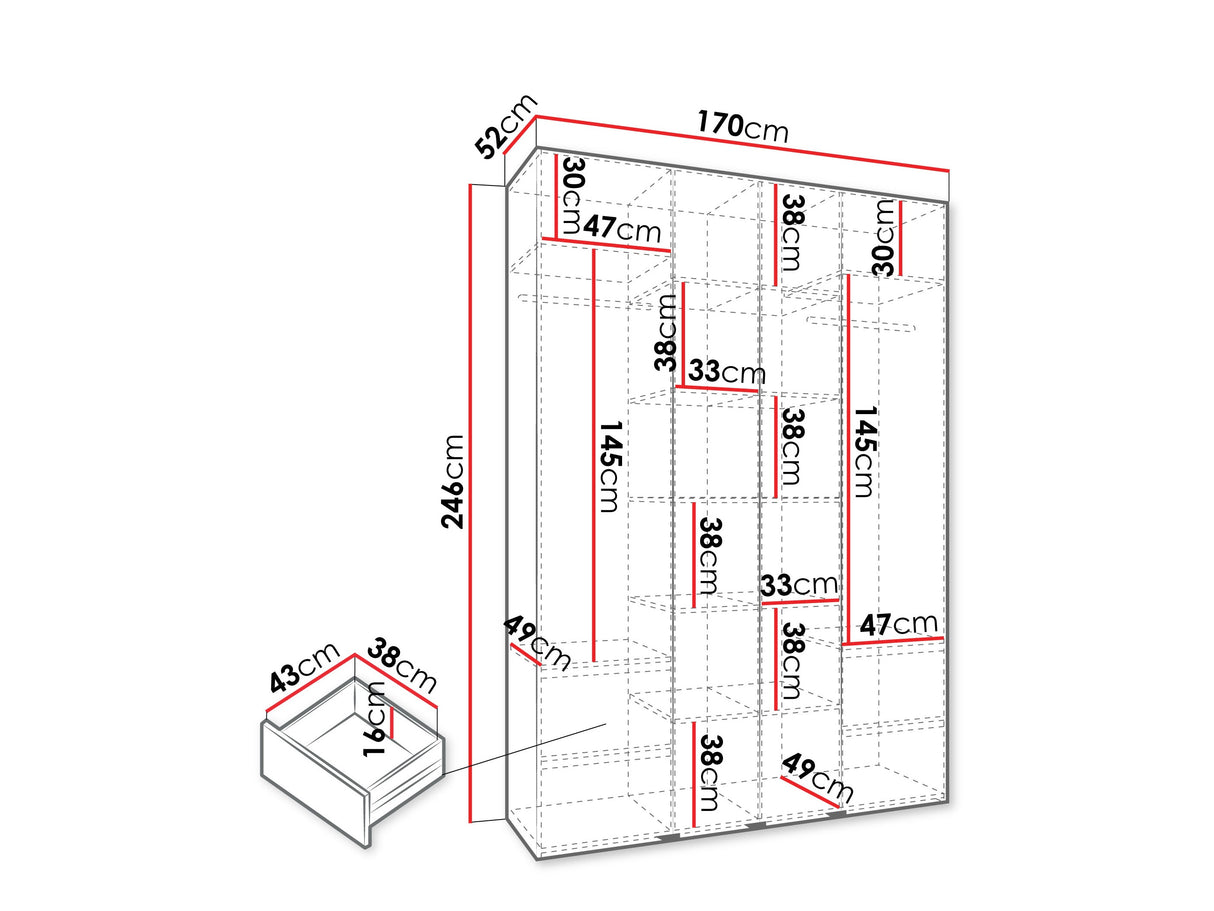 Gardróbszekrény Szafa COMO 3 170/180/190/200 (gł.40/50), Szín: Fehér, Fogantyú színe: Fekete, Fiókok: Igen, Szélesség: 170 cm, Mélység: 52 cm