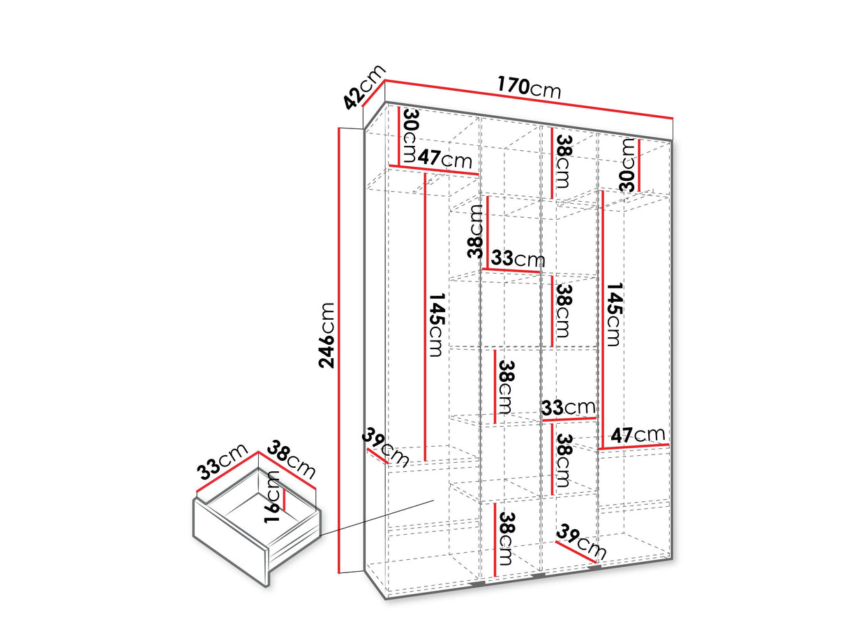 Gardróbszekrény Szafa COMO 3 170/180/190/200 (gł.40/50), Szín: Fehér, Fogantyú színe: Aranysárga, Fiókok: Igen, Szélesség: 170 cm, Mélység: 42 cm