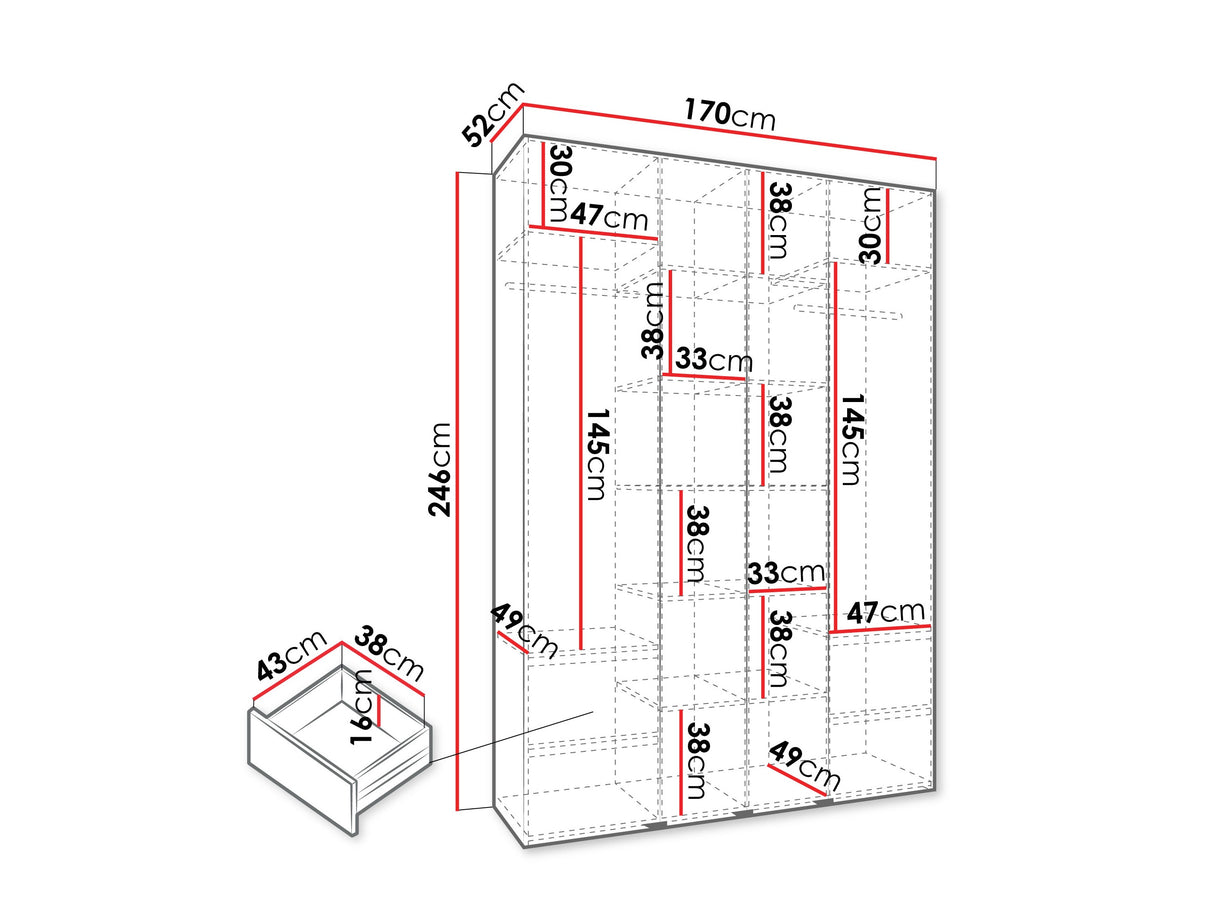 Gardróbszekrény Szafa COMO 3 170/180/190/200 (gł.40/50), Szín: Fehér, Fogantyú színe: Aranysárga, Fiókok: Igen, Szélesség: 170 cm, Mélység: 52 cm