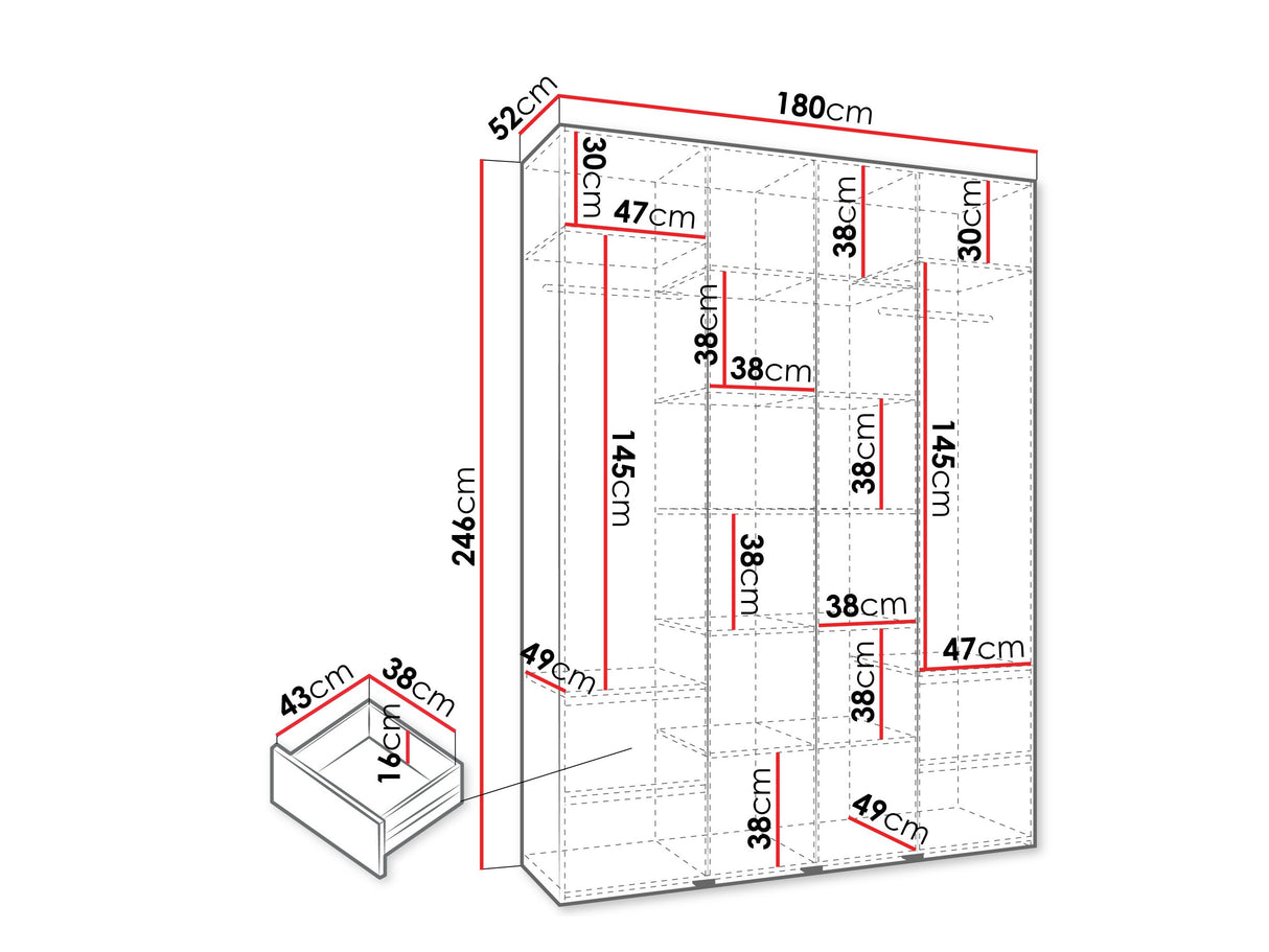 Gardróbszekrény Szafa COMO 3 170/180/190/200 (gł.40/50), Szín: Fehér, Fogantyú színe: Fekete, Fiókok: Igen, Szélesség: 180 cm, Mélység: 52 cm