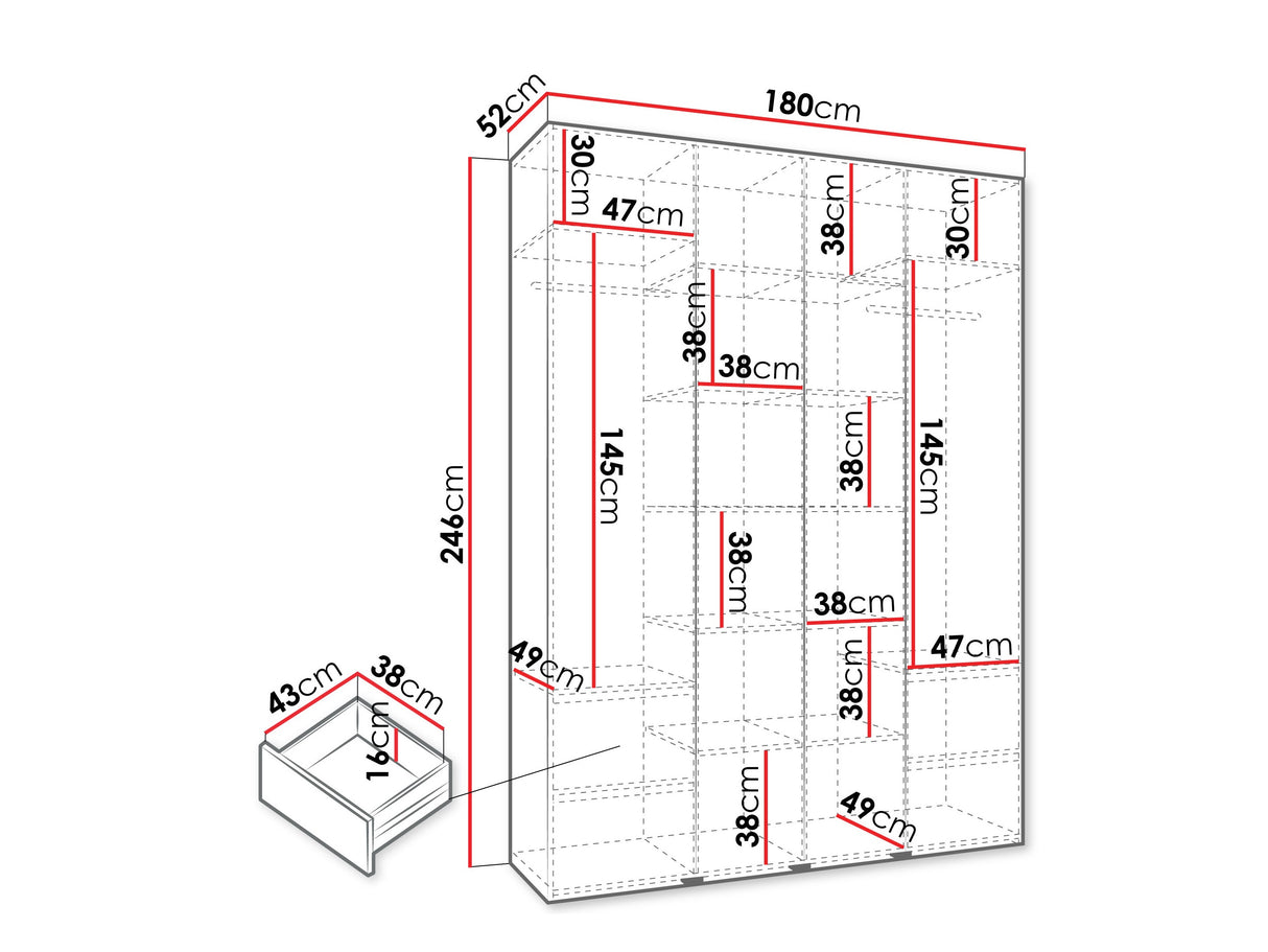Gardróbszekrény Szafa COMO 3 170/180/190/200 (gł.40/50), Szín: Fehér, Fogantyú színe: Aranysárga, Fiókok: Igen, Szélesség: 180 cm, Mélység: 52 cm
