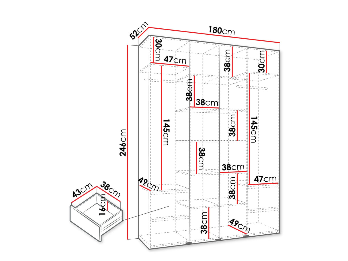Gardróbszekrény Szafa COMO 3 170/180/190/200 (gł.40/50), Szín: Kasmír, Fogantyú színe: Aranysárga, Fiókok: Igen, Szélesség: 180 cm, Mélység: 52 cm