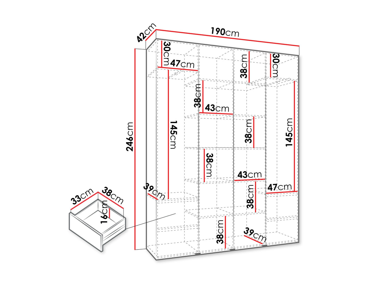 Gardróbszekrény Szafa COMO 3 170/180/190/200 (gł.40/50), Szín: Fehér, Fogantyú színe: Fekete, Fiókok: Igen, Szélesség: 190 cm, Mélység: 42 cm
