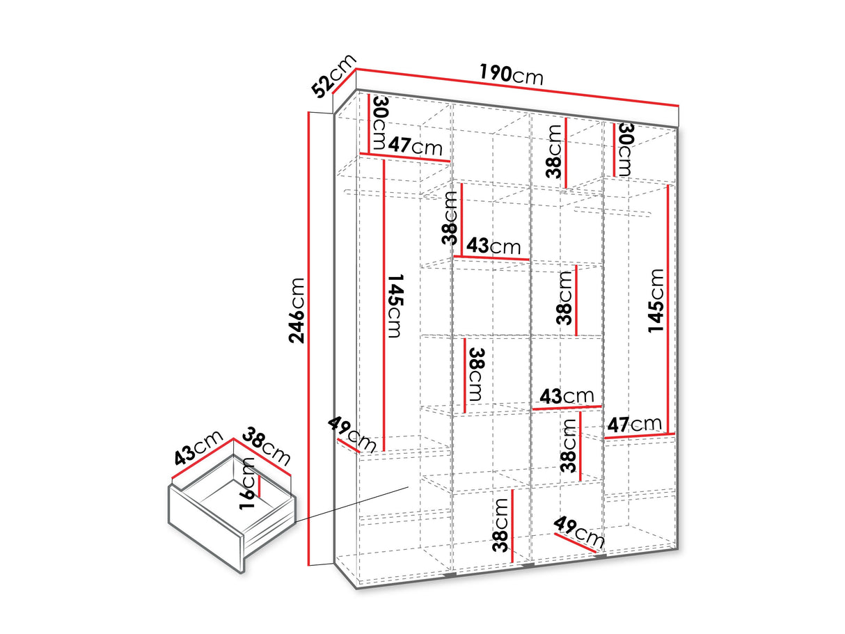 Gardróbszekrény Szafa COMO 3 170/180/190/200 (gł.40/50), Szín: Fehér, Fogantyú színe: Fekete, Fiókok: Igen, Szélesség: 190 cm, Mélység: 52 cm