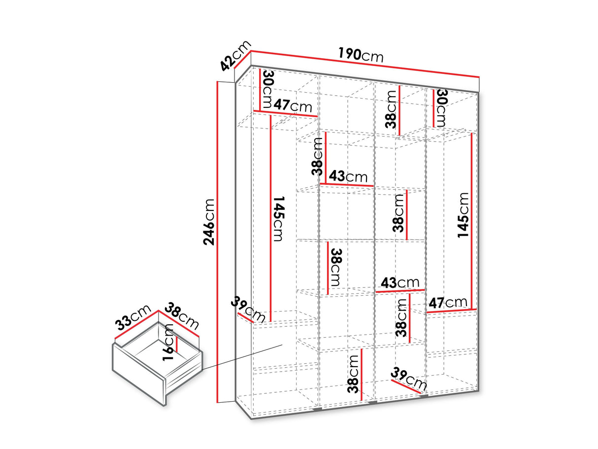Gardróbszekrény Szafa COMO 3 170/180/190/200 (gł.40/50), Szín: Fehér, Fogantyú színe: Aranysárga, Fiókok: Igen, Szélesség: 190 cm, Mélység: 42 cm
